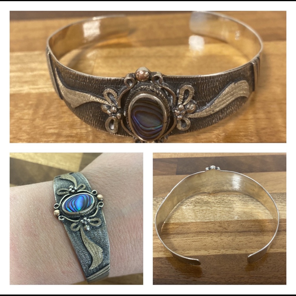 Vintage Abalone Stone 925 Sterling Cuff Bracelet